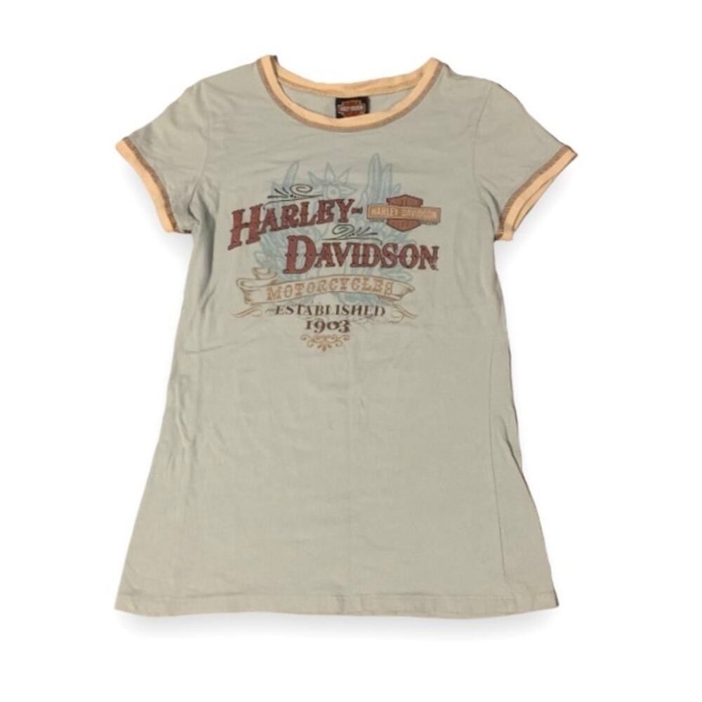 Vintage Harley-Davidson Y2K Blue Tan Ringer Tee Size Small
